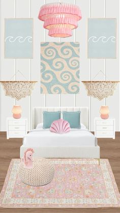 a bedroom with pink and blue decor on the walls