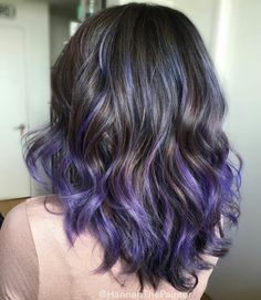 Purple hair Brown Fade To Purple Hair, Light Brown Hair With Purple Highlights Underneath, Maroon Peak A Boo Hair, Colorful Balayage Brunette, Colour Streaks In Hair, Brown And Violet Hair, Dip Dye Hair Black, Brown Hair With Purple Streaks, Light Purple Balayage