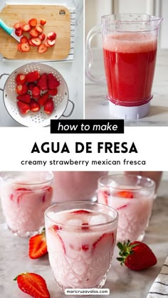 collage of agua de fresa and agua de fresa con leche with text overlay Strawberry Agua Fresca Recipe, Aqua Fresca Recipes, Fresca Recipes, Strawberry Agua Fresca, Strawberry Drink Recipes, Fresca Drinks, Aqua Fresca, Agua Fresca Recipe, Fresh Strawberry Recipes