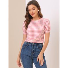 Made from lightweight woven, this versatile top is a summer staple that can be styled with just about anything. With a regular silhouette, this cute summer staple gingham top features a crew neck and puff short sleeves, buttoned cuffs, a crew neckline, and a slightly boxy shape. Keyhole cutout and hidden top button at back. Puff short sleeves and a keyhole enhance the casual style of this sweet plaid shirt. Vintage Crew Neck, Gingham Blouse, Gingham Top, Gingham Tops, Vintage Blouse, Summer Staples, Blouse Vintage, Womens Plaid, Plaid Shirt