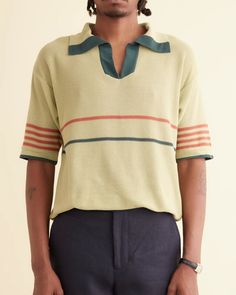 Palmer Polo – BODE New York Mens, Polo Top, Knit Polo, Nike Fashion, Knitwear Men, Green And Red, Red Stripe, The 1970s, Cut Shirts