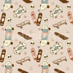 a pattern with skateboards and skulls on it