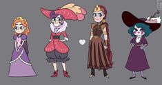 four cartoon characters in different outfits