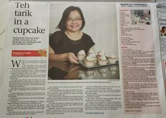 a newspaper article with a woman holding a tray of cupcakes in front of her