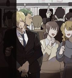 an anime scene with people on a train and one man in a suit talking to the other