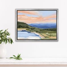 Framed landscape painting depicting mountains Blue Ridge Mountains Art, Colorful Scenery, Ski Town, Acrylic Landscape, Lake Art, Landscape Paintings Acrylic, Mountain Wall, Botanical Collection, Blue Lake