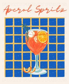 an illustration of a cocktail with orange garnish and rosemary on the rim in front of a blue tiled background