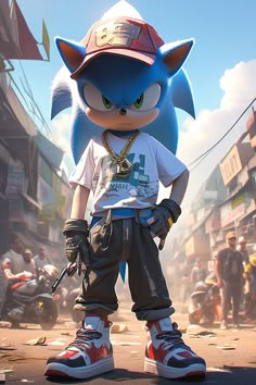 sonic the hedgehog stands in front of a city street with people and motorcycles behind him