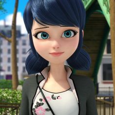 an animated woman with blue hair and black blazer standing in front of a building