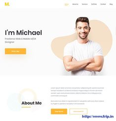 the landing page for michael's website, which features an image of a man with his arms crossed