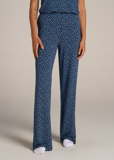 American-Tall-Women-Wide-Leg-Pajama-Pant-Blue-Ditsy-Floral-Print-front Spring Full-length Loungewear Sleepwear, Spring Full Length Loungewear Sleepwear, Spring Full Length Sleepwear For Loungewear, Full-length Spring Loungewear Sleepwear, Blue Relaxed Fit Pants For Pajama Party, Blue Bottoms For Pajama Party, Blue Relaxed Fit Sleep Pants, Cotton Sleepwear Straight Pants, Blue Relaxed Fit Pants For Sleep