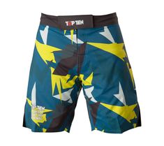 a blue and yellow boxer shorts with white arrows on the front, black bottom and sides