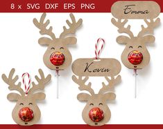 three reindeer christmas decorations with name tags on them