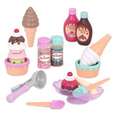 an assortment of ice cream and dessert items