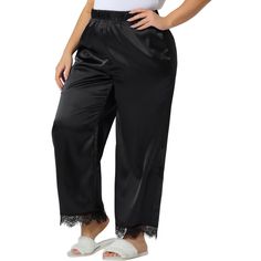 These satin lace trim pajama pants are designed for ultimate comfort and style. Made from a blend of 95% polyester and 5% spandex, these lounge pants are soft, lightweight, and have a little stretch for a loose fit without being too tight. The wide-leg design of these pants ensures freedom of movement and breathability, making them suitable for a variety of activities. From lounging at home and watching TV to going out, taking a vacation, or even walking the dog, these pants are versatile and es Black Lounge Bottoms With Lace Trim, Plus Size Satin, Leg Design, Watching Tv, Lounge Pants, Pants Black, Black Pants, Lace Trim, Pajama Pants