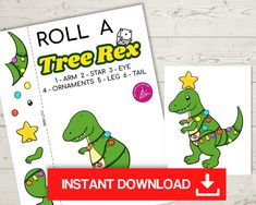 roll a tree rest game for kids with dinosaurs and stars on the front, and an instant