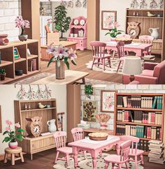 a collage of photos with pink furniture and bookshelves