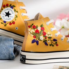 Welcome to LunnNest, a hand embroidered items shop. These are the most meticulously embroidered shoes that I give to you. I embroider them carefully and thoroughly with skillful hands. Converse type: Converse High Tops Chuck Taylor 1970s Converse color:  12. 1970s_Yellow Price includes: Shoes + Embroidery as Pictured I can buy it for you at a store near your home or you can send me the canvas shoes you have available. Your embroidered Converse, Vans shoes are ready to ship in 8-16 days. I need t Spring Sneakers With Multicolor Embroidery And Appliques, High-top Embroidered Multicolor Sneakers, High-top Multicolor Embroidered Sneakers, Multicolor Embroidered Sneakers For Summer, Summer Embroidered High-top Sneakers, Grapes Embroidery, Converse Types, Embroidery Converse, Embroidered Strawberry