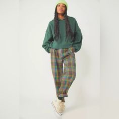 The Ragged Priest Multicolor Checked Plaid Doofus Pants ( May Look Strange On Body Form Because Mine Is A Dress Form Not Pant Form) Size Xs / Original $128. Be Bold In These Cool And Colorful Pants Featured In A Check Print Design And High-Rise, Relaxed Silhouette With Darting Detail At Top For Added Dimension. Button Closure And Zip Fly Side Pockets Chain Not Included But There Is A Small Retal D Rings For Chain To Be Attached Under Belt Loop. Retro Winter Streetwear Bottoms, Retro Baggy Pants For Fall, Retro Streetwear Pants For Fall, Green Sweatpants With Elastic Waistband For Fall, Wide Leg Green Sweatpants For Fall, Green Wide Leg Sweatpants For Fall, Green Wide-leg Sweatpants For Fall, Green Cotton Sweatpants For Fall, Green Baggy Bottoms For Fall