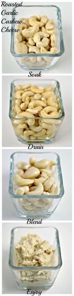 four different bowls filled with food on top of a white tablecloth and the words, how to make homemade cashews in glass dishes