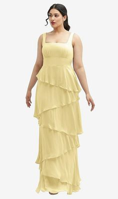 Yellow Tiered Dress, Fitted Tiered Chiffon Dress, Tiered Chiffon Evening Dress, Elegant Layered Chiffon Dress, Elegant Chiffon Maxi Dress With Square Neck, Elegant Tiered Chiffon Dress, Elegant Flowy Chiffon Dress With Square Neck, Tiered Chiffon Wedding Dress, Elegant Tiered Maxi Dress For Prom