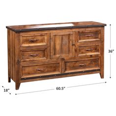 a large wooden dresser with drawers and measurements