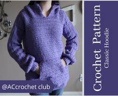 a woman wearing a purple sweater and jeans with the words crochet pattern on it