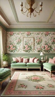 a living room with green couches and floral wallpaper on the walls, chandelier