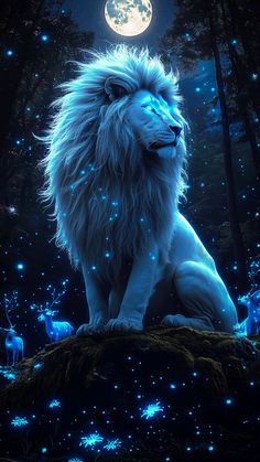 a lion sitting on top of a lush green field under a full moon filled sky