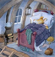 a painting of a bed with a teddy bear sleeping in it