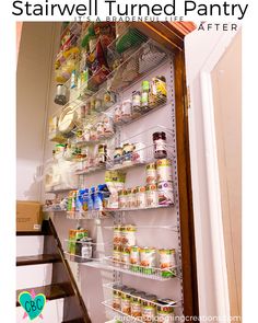 a pantry filled with lots of food next to a stair case full of canned items