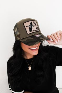 Goose Hunter Trucker Hat Trendy Wide Brim Trucker Hat For Outdoor, Trendy Wide Brim Trucker Hat, Wide Brim Snapback Hat For Spring Outdoor, Khaki Cap For Fall, Wide Brim Snapback Hat For Spring, Trendy Adjustable Khaki Hat, Trendy Khaki Cap, Trendy Trucker Hat With Short Brim For Outdoor, Adjustable Fall Trucker Hat With Curved Brim