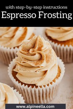 A close up of a frosted cupcake with espresso powder. Raspberry And White Chocolate Muffins, Blueberry Cream Cheese Muffins, Frosted Coffee, White Chocolate Muffins, Cardamom Cake, Butter Cream Cheese Frosting, Coffee Cupcakes