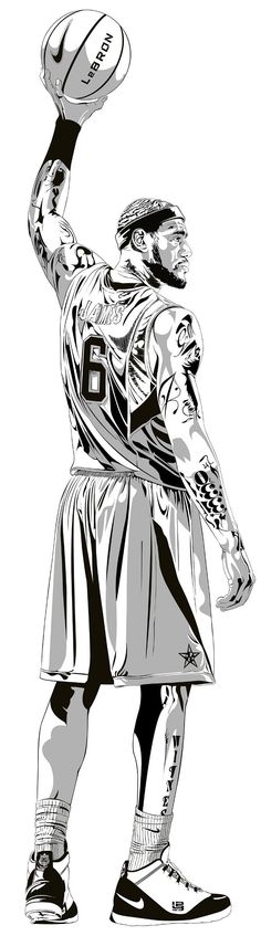 a black and white drawing of a man holding a basketball in one hand, with the ball in the other