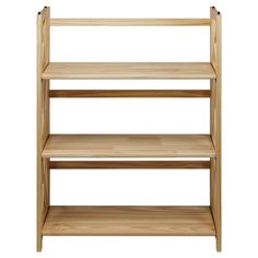 a wooden shelf with three shelves on each side and one shelf above the other, against a white background