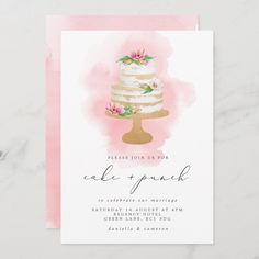 a watercolor cake and flowers wedding card