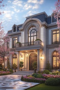 French Chateau Style, Classic Facade, Luxury Architecture, Chateau Style, Stone Facade, Blooming Trees, French Architecture, Modern Mansion, Brick Facade