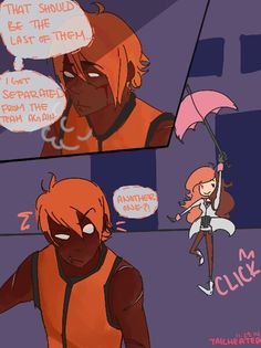 an animated comic strip with two people talking to each other and one person holding an umbrella