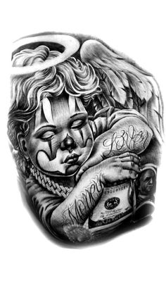 a black and white drawing of a girl with tattoos on her arm holding a money bill