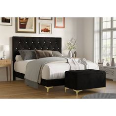 Lark Manor Aleily Upholstered Standard 3 Piece Bedroom Set & Reviews | Wayfair First House Decor, Platform Bed Frames, Colour Furniture, Furniture Drawing, Gray Room, Tufted Upholstered Bed, Studio Bed, Black Bedroom Furniture, Black Headboard