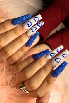 blue valentines day nails designs Blue Coffin Nails, Classic Color Palette, Blue Valentine, Blue Nail Designs, Romantic Date, Trendy Nail Design, V Day