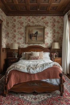 a bedroom with floral wallpaper and wooden furniture