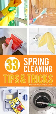 the words spring cleaning tips and tricks are overlaid with images of various items that have been cleaned