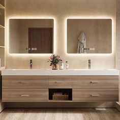 a bathroom with two sinks and mirrors in it's center wall, along with shelving