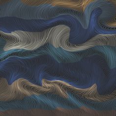 an abstract painting with wavy lines in blue, brown and tan colors on a black background