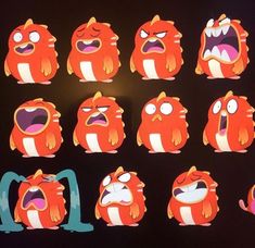 an assortment of cartoon character stickers on a black background