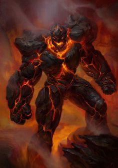 a digital painting of a demonic creature with flames coming out of its chest and arms