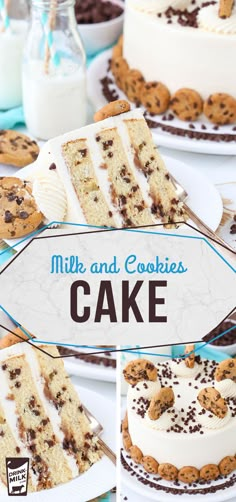 there is a cake with chocolate chip cookies on it and the sign says milk and cookies