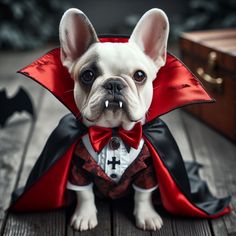 a small dog dressed up in a red cape and bow tie sitting on a wooden floor