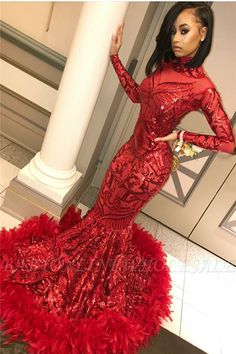 Red And Gold Prom, Red And Gold Prom Dress, Gold Prom Dress, Feather Prom Dress, High Neck Prom Dress, Prom Dress Black, Cheap Prom Dresses Long, Sell Dresses, Prom Dresses Long Mermaid